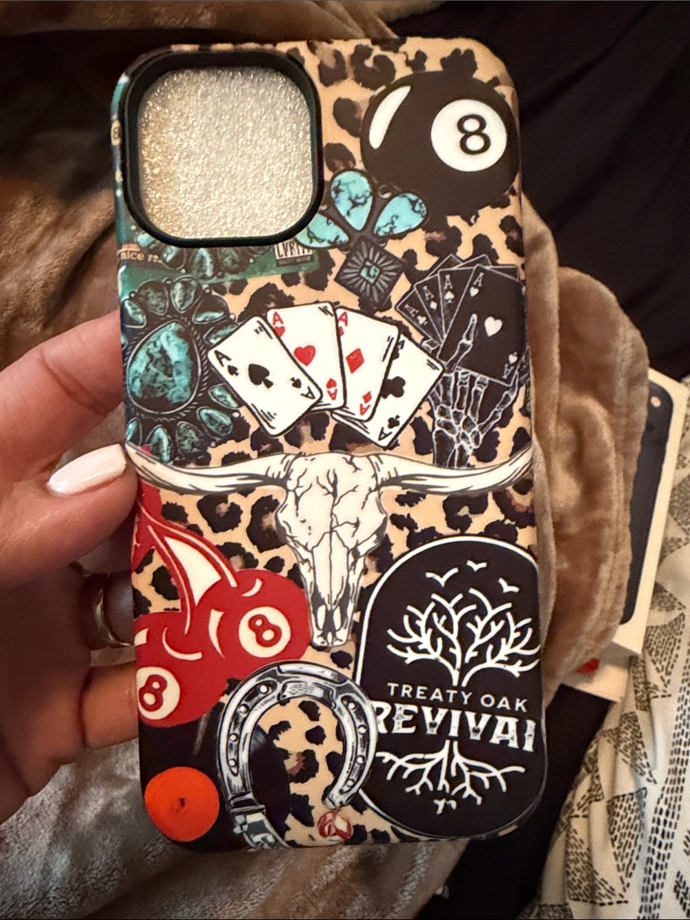 Leopard Print Phone Case with Game Patch Design - Beige/Black